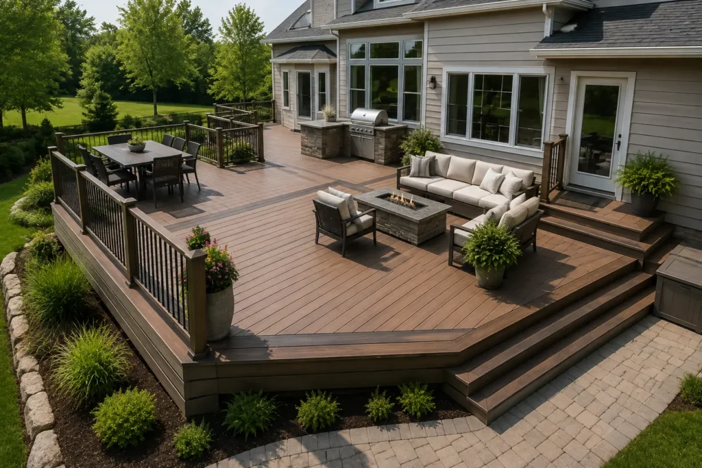 Large composite deck with built-in outdoor kitchen and fire pit seating area