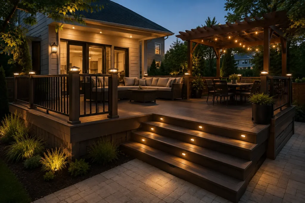 Nighttime view of custom deck lighting and pergola seating installation in Cincinnati