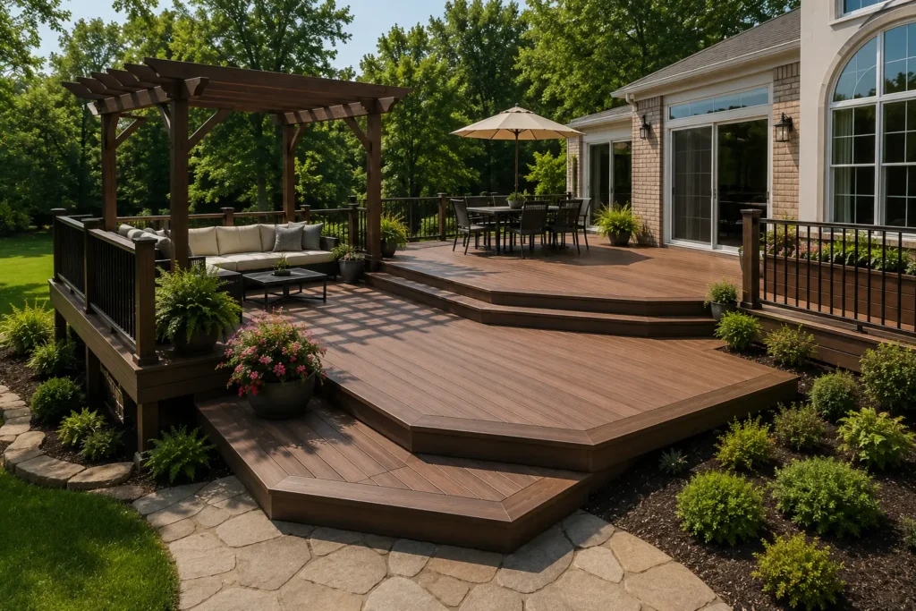 Custom multi-level composite deck with wooden pergola structure in Cincinnati OH