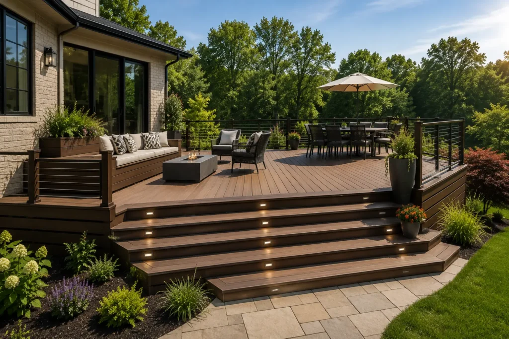 High-end deck stairs with integrated LED step lighting built by Cincinnati deck builders