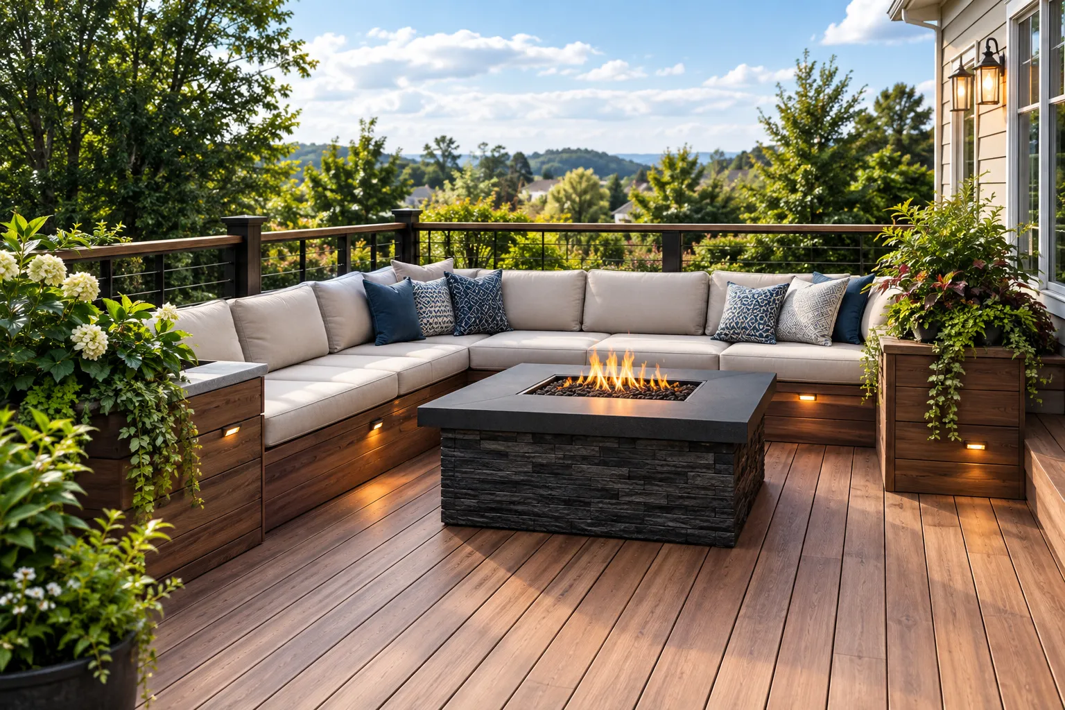 Custom built-in deck bench seating with integrated planter boxes and central outdoor fire pit table