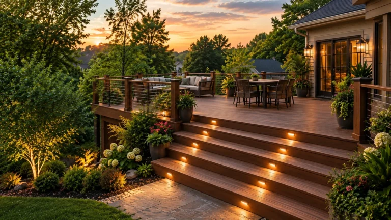 Custom residential deck in Cincinnati, Ohio with landscaped backyard and outdoor seating