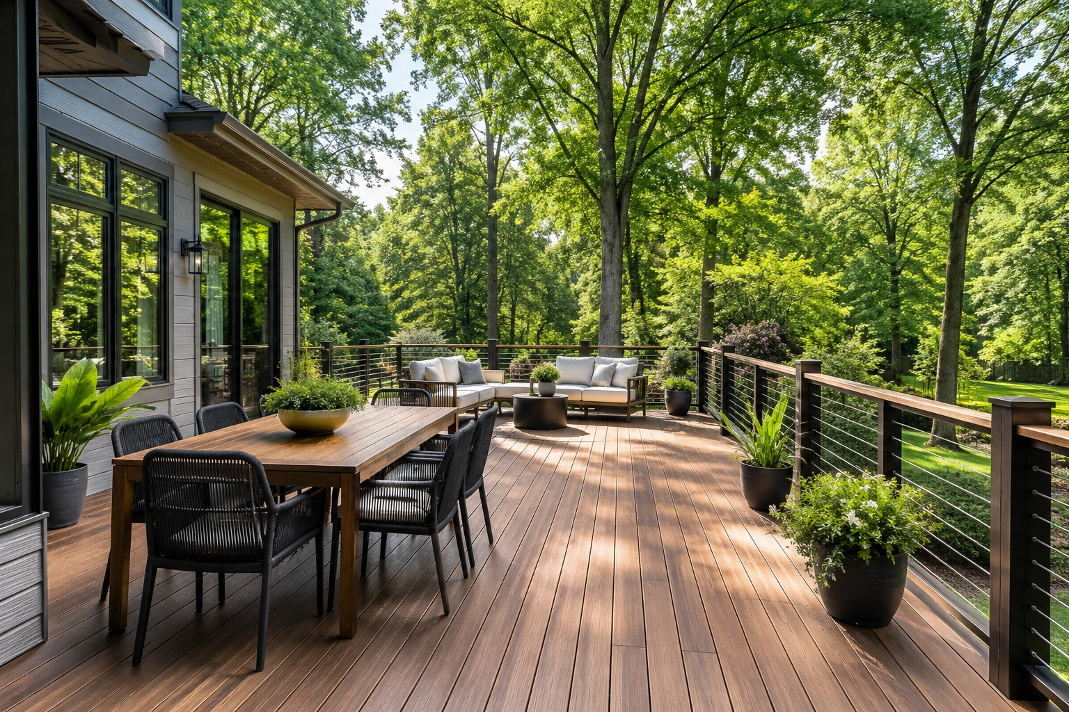 Premier custom deck construction with pergola and outdoor seating built by Cincinnati Deck Experts