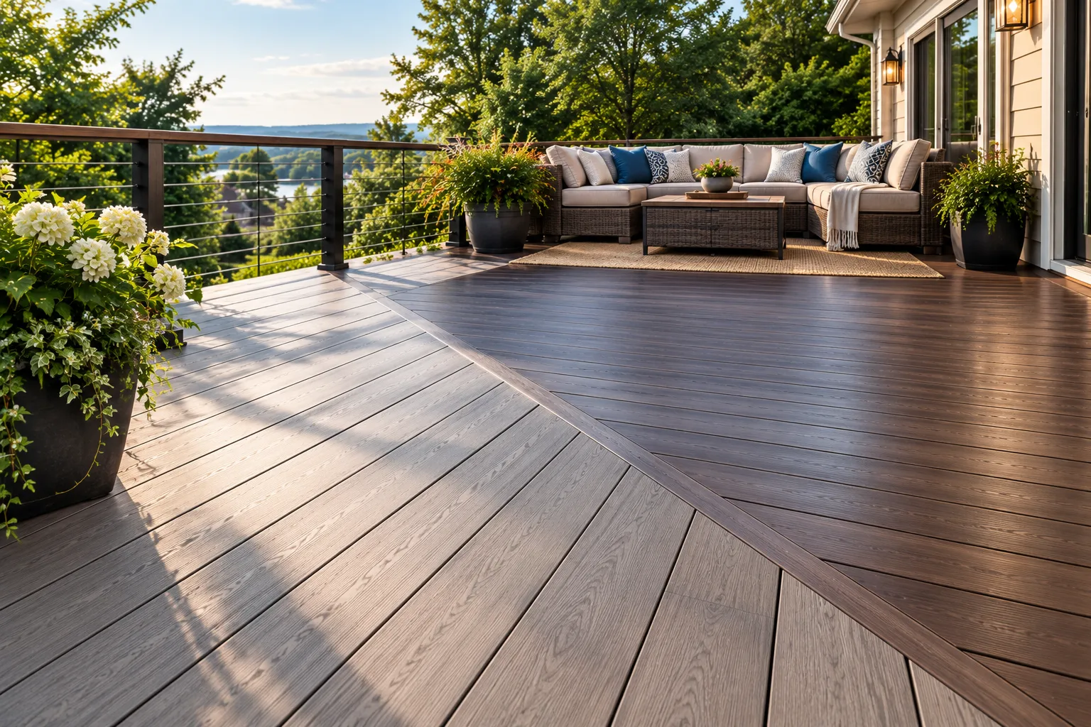 Two-tone composite deck resurfacing upgrade with dark picture frame border and diagonal plank pattern