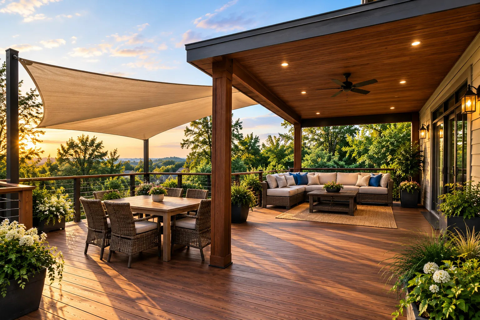 Custom wood deck cover roof with recessed lighting and secondary outdoor shade sail extension