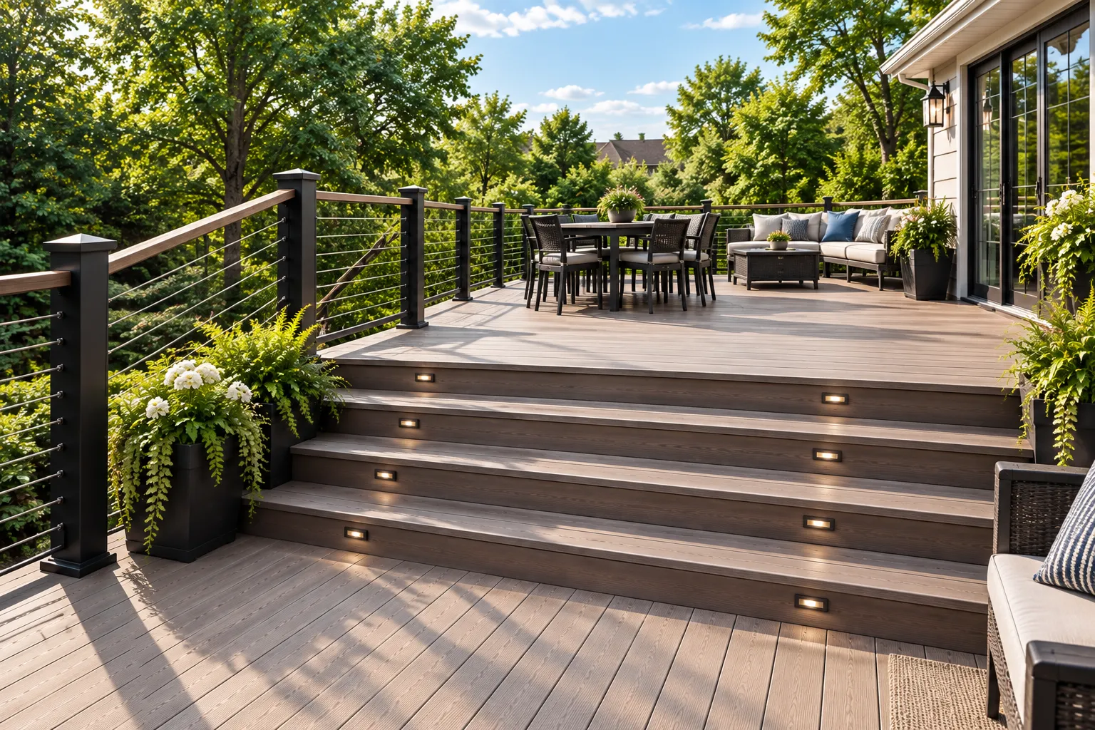 Wide composite deck staircase featuring integrated stair tread lighting and black cable handrails