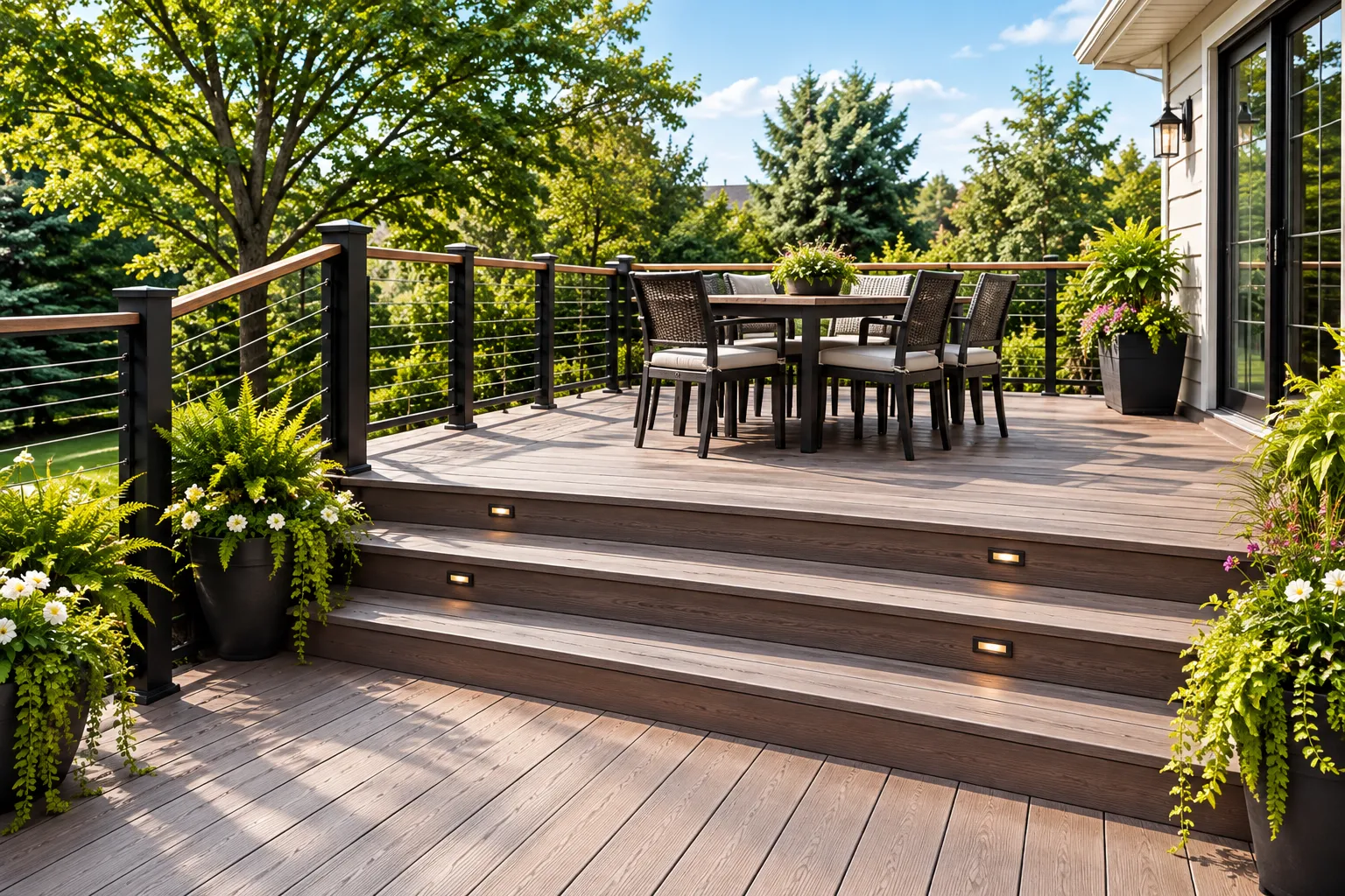Expanded composite deck addition with outdoor dining furniture and stair riser lights in Cincinnati OH