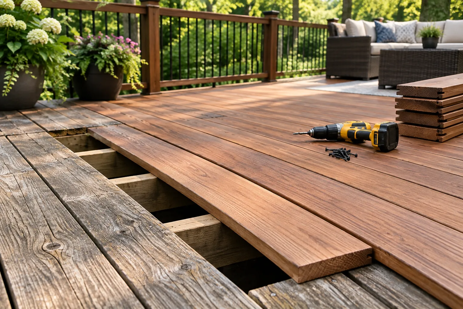 Replacing damaged damaged pressure treated wood deck boards in Cincinnati