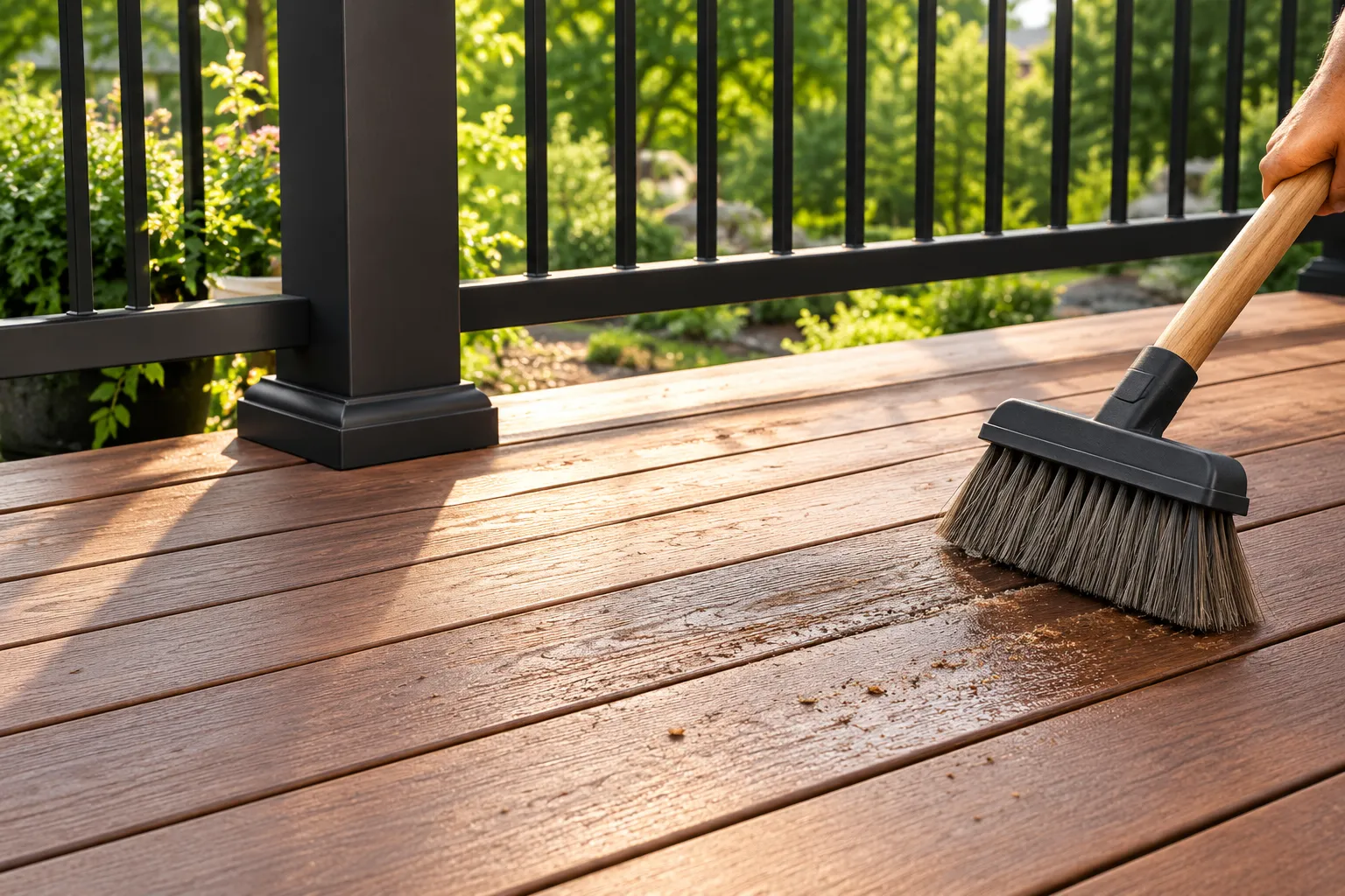 Professional power washing and cleaning outdoor wooden deck