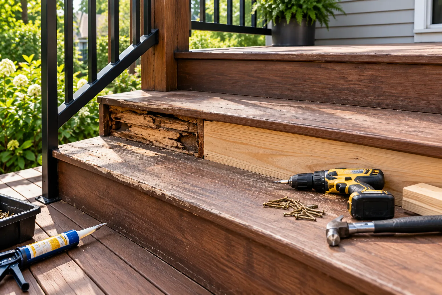 Custom wooden deck stair repair and step rebuilding