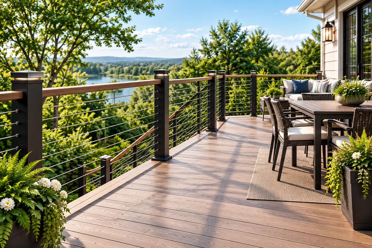 Modern black cable railing system with lighted post caps installed on a residential deck in Cincinnati