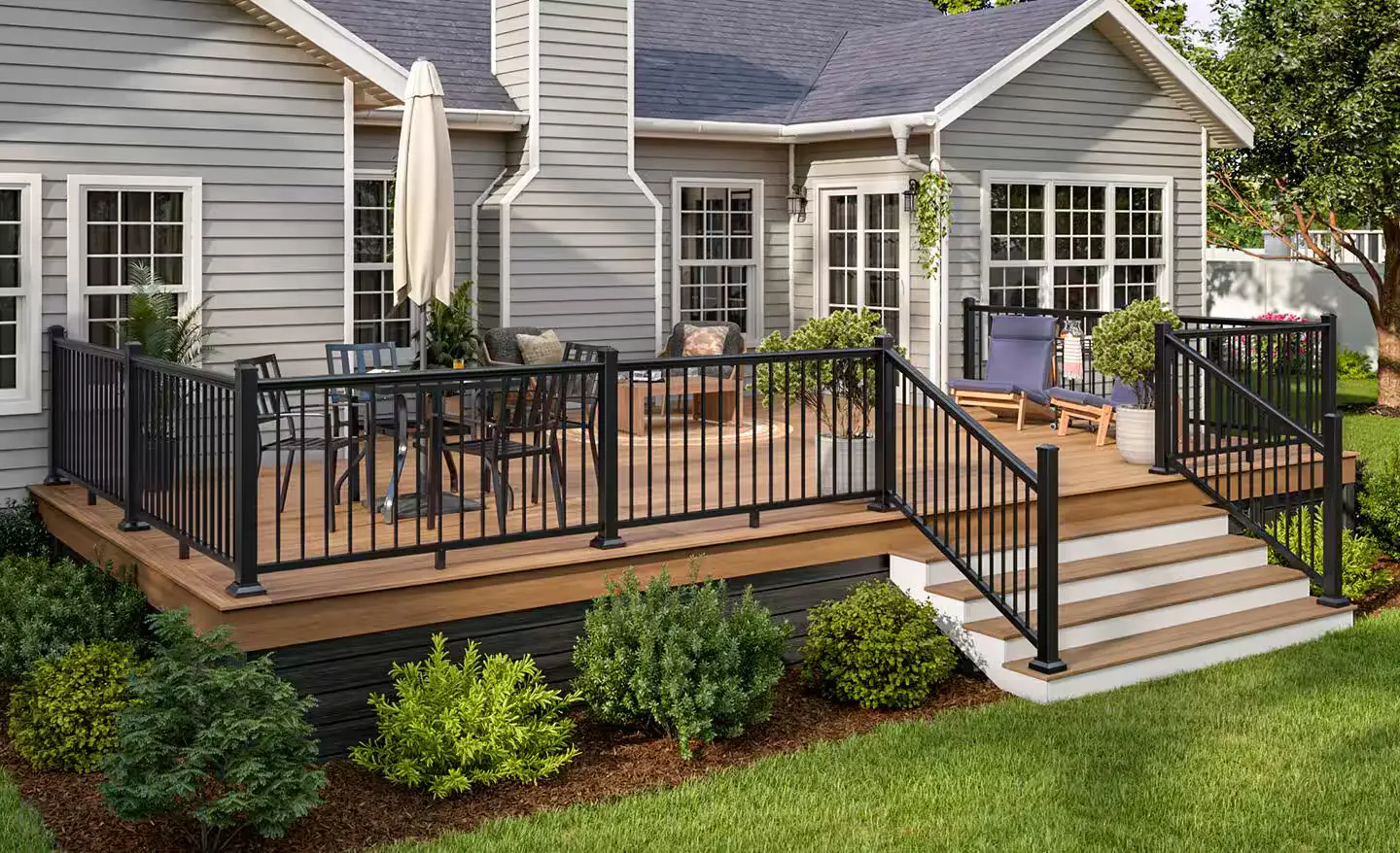 Modern black aluminum and composite deck railing installation in Cincinnati