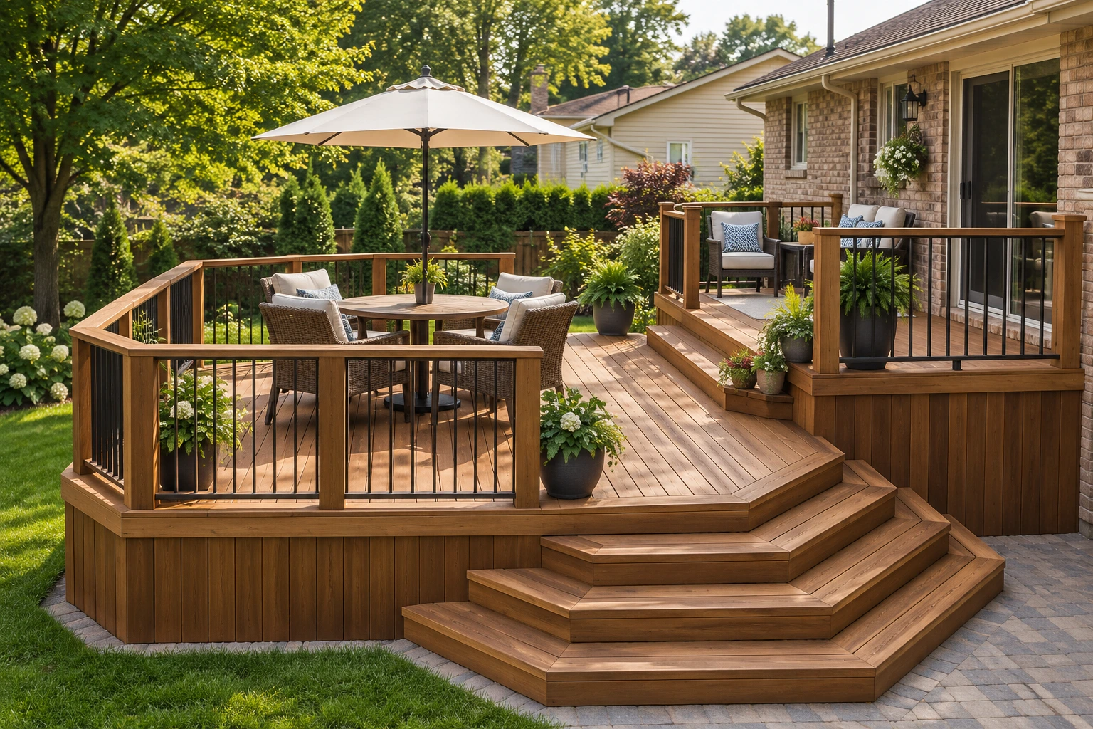 Custom multi-level composite deck with built-in stairs, seating area, and wooden railing in a Cincinnati backyard